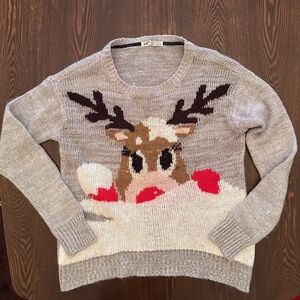 Jolt Soft Gray Knit holiday sweater with Reindeer women’s Large